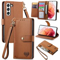 For Samsung Galaxy S21 FE 5G Leather Phone Case Wallet Zipper Pocket Pouch Folio Flip Cover Kickstand, Multi Anti-theft Card Holder Cash Slot, Double Magnetic Buckle, Wrist Lanyard,Brown