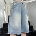thumbnail image 2 of JAJAHO Girls Denim Shorts Wide Leg Jeans For Girl Kids Summer Elastic Waist Pearl Design Knee Length Shorts 4-16Y Trendy Bottoms, 2 of 9