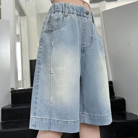 Girls Jean Shorts High Waisted Wide Leg Baggy Denim Shorts for Trendy Y2k Vintage Shorts(Blue,12-13 Years)