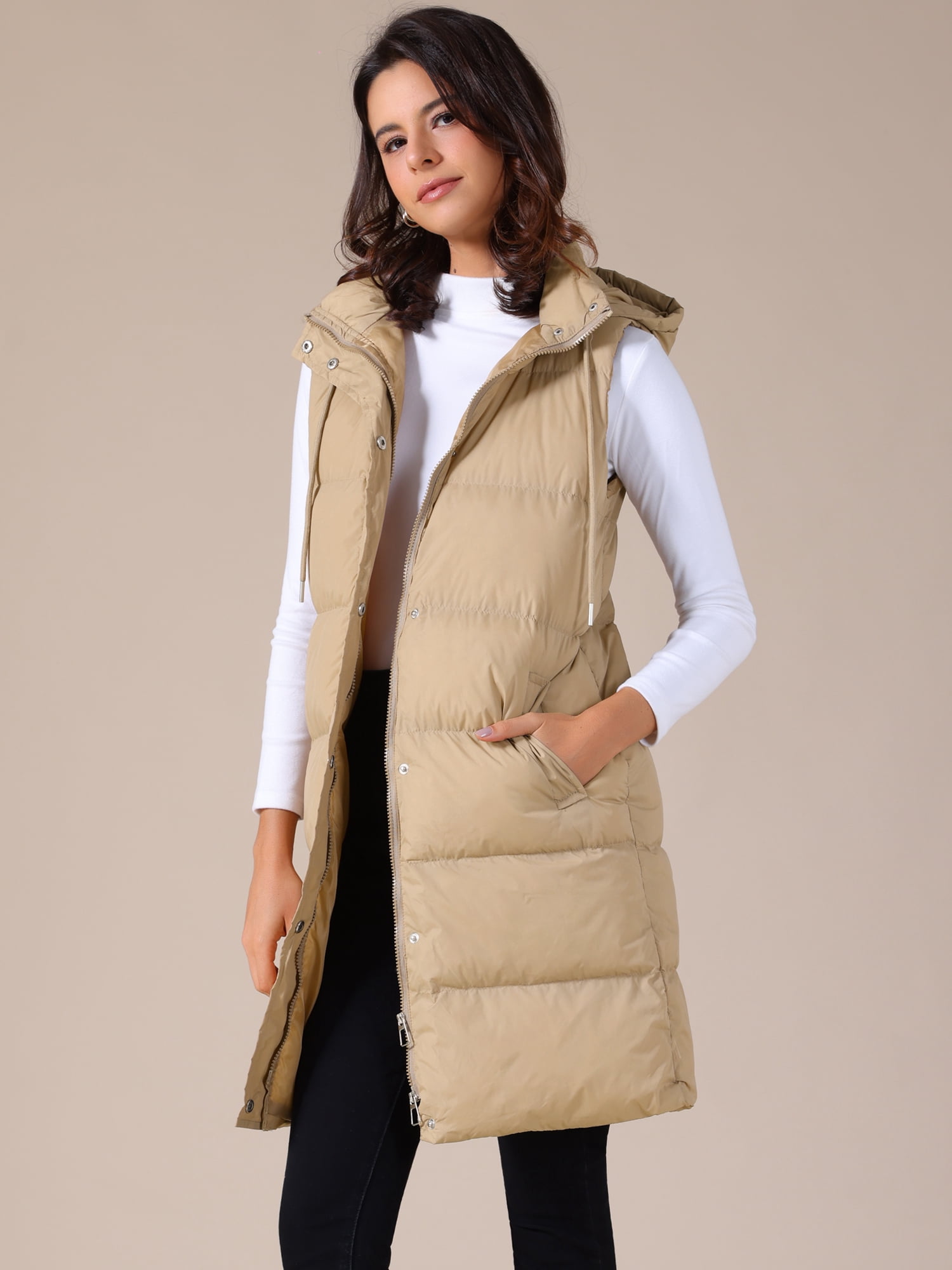 DARING DIVA Women's Long Puffer Vest Casual Sleeveless Hooded Down Jacket XL Khaki