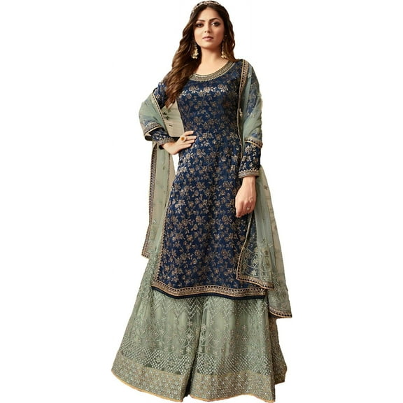 Beautiful Designer Pakistani Salwar Kameez Dresses Indian Sharara Plazzo Suits ( Blue, 5XL - 52 )
