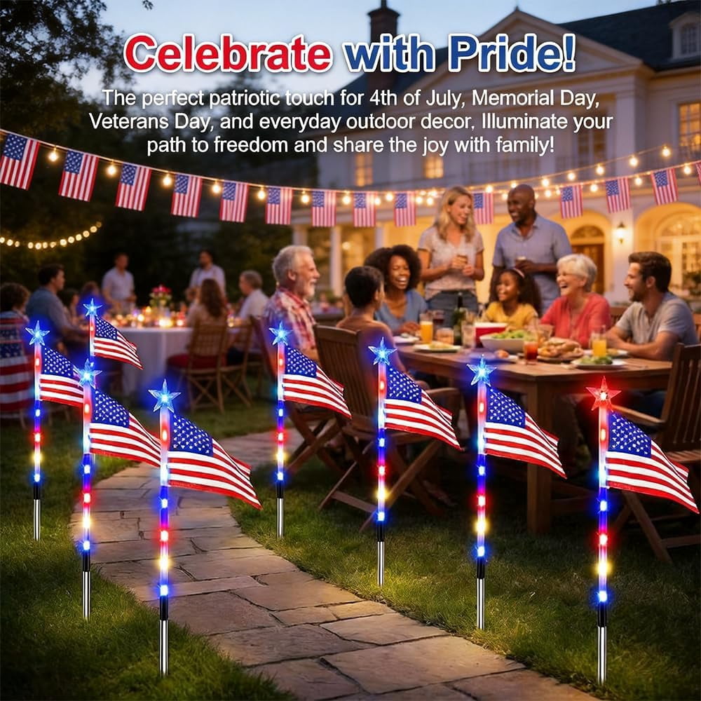 8 Pack Solar American Flag Pathway Lights - 250th Anniversary Patriotic Red White Blue Outdoor Stakes, 8 Modes Waterproof LED Garden Lights for 4th of July, Memorial Day & Independence Day Decor