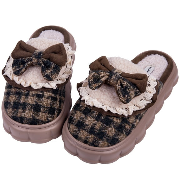 Cute Elegant Lace Bow Bowknot Fuzzy Slippers Home Slippers for Women Winter Warm Plush Slippers