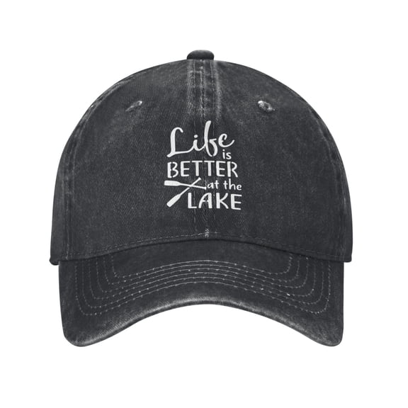 Life Is Better At The Lake Unisex Adult Washed Denim Cotton Sport Outdoor Baseball Cap Adjustable Cowboy Baseball Hat
