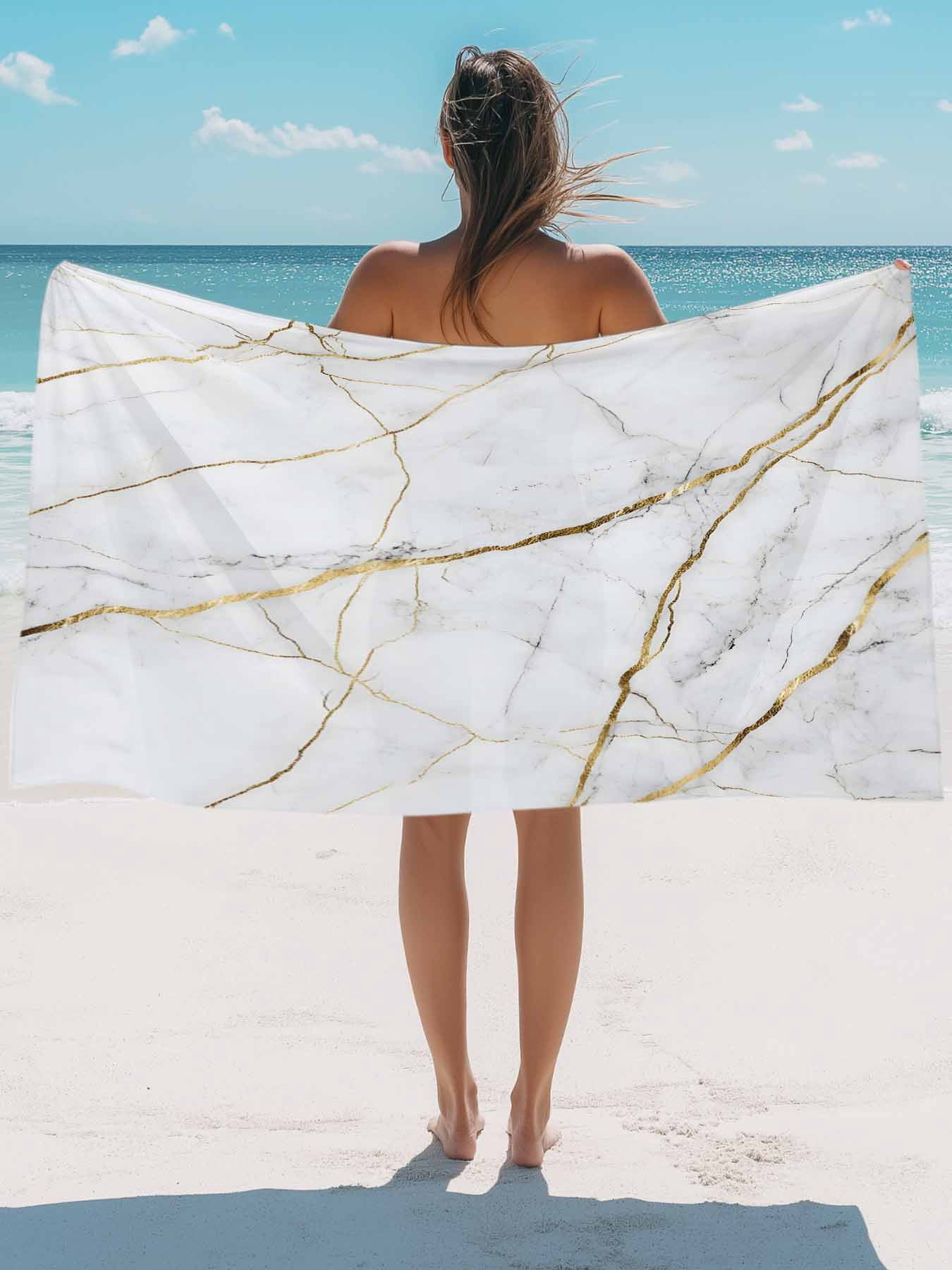 Gray White Gold Marble Texture Beach Towels Blanket Soft & Absorbent Quick Dry Microfiber Abstract Lines Pool Towels for Swimming ,Yoga, Sports, Gym, Camping,Large 30X60in,