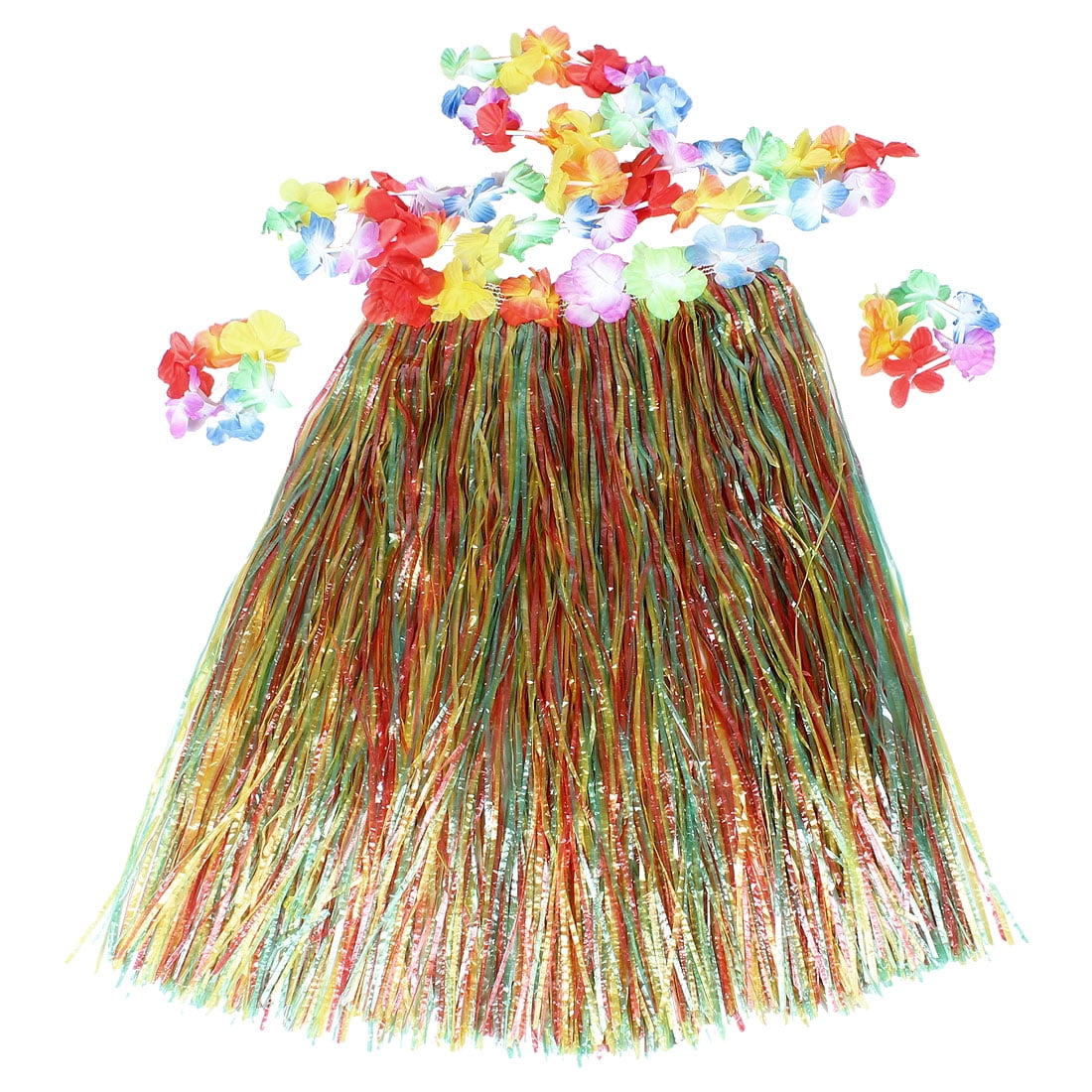 Women Colorful Flower Elastic Waist Hawaiian Hula Grass Skirt + Floral Ring
