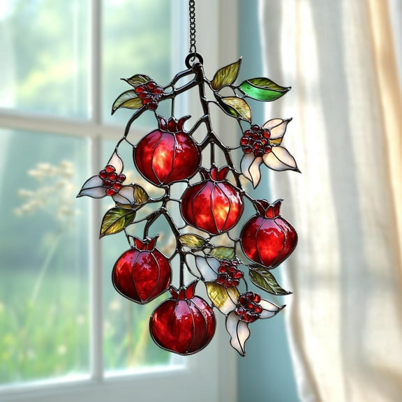 Vibrant Red Pomegranate Faux Stained Glass Suncatcher, Acrylic Fruit & Flower Window Hanging, Rustic Kitchen Decor Gift For Mom Or Friends