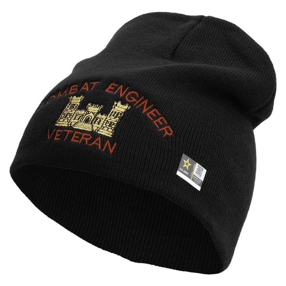 Combat Engineer Veteran Embroidered 8 Inch Knitted Short Beanie - Black OSFM