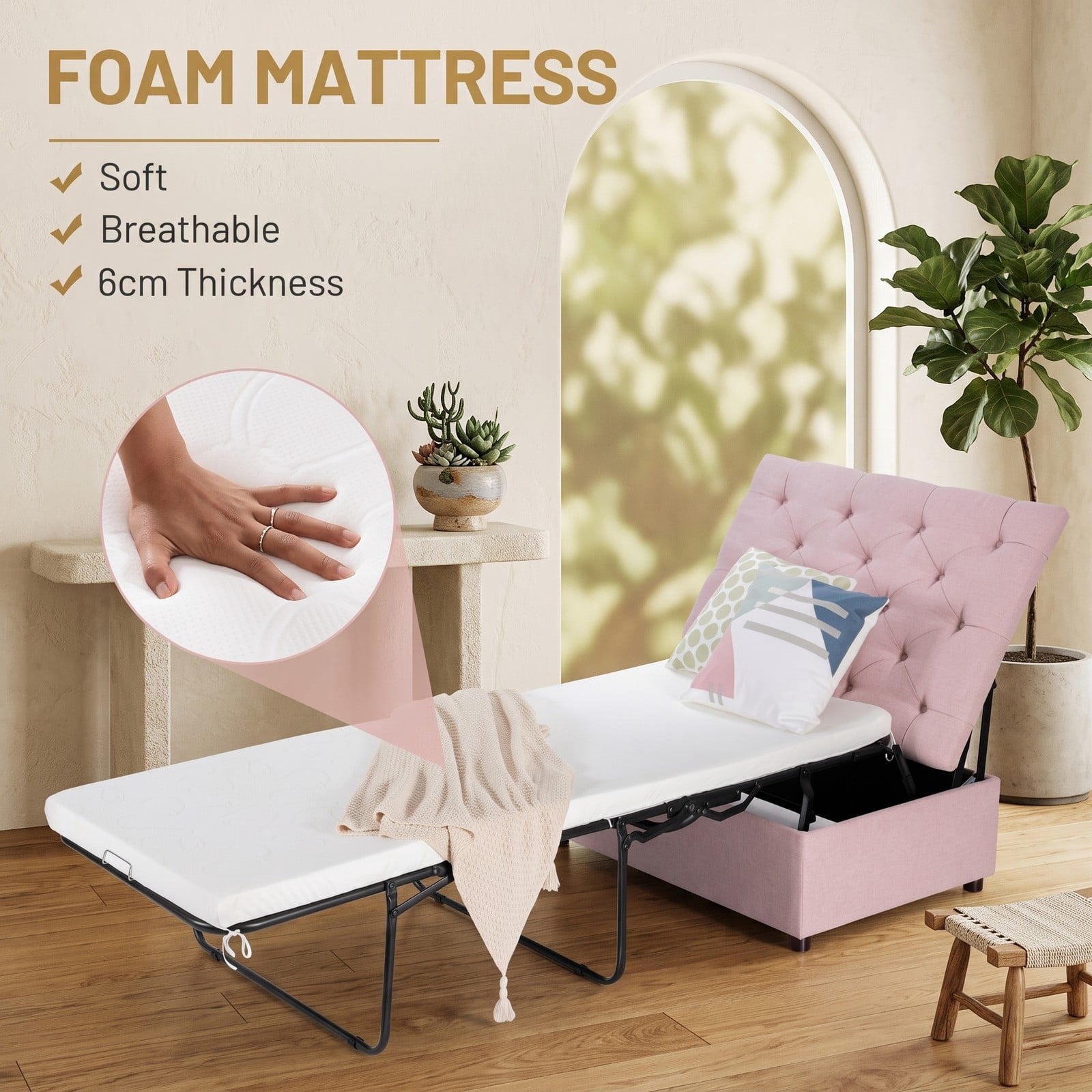 Furnibear Folding Bed Ottoman Sleeper with Mattress and Padded Storage Stool, Rollaway Bed Frame for Guest Room Office and Nap, Pink