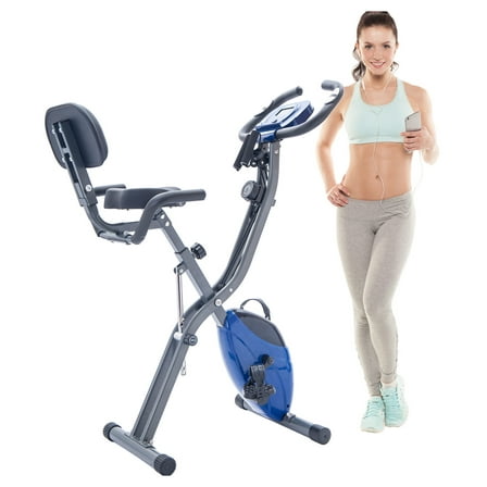Folding Exercise Bike, Fitness Upright and Recumbent X-Bike with 16-Level Adjustable Resistance, Arm Bands and Backrest