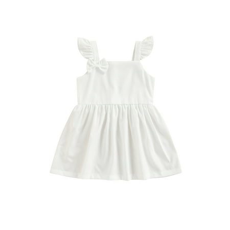 

TheFound 4 Colors Summer Lovely Kids Girls Causal Dress Solid Ruffles Fly Sleeve Bowknot A-Line Dresses