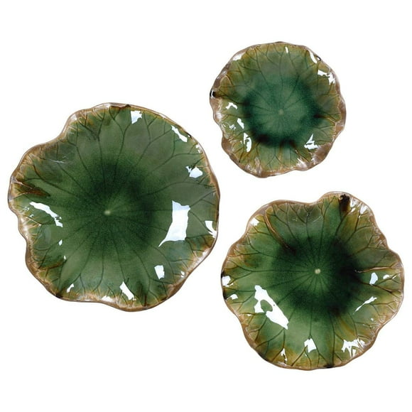 MY SWANKY HOME Gloss Green Brown Modern Lily Pad Wall Art Set 3 Flower Sculpture Round Leaf