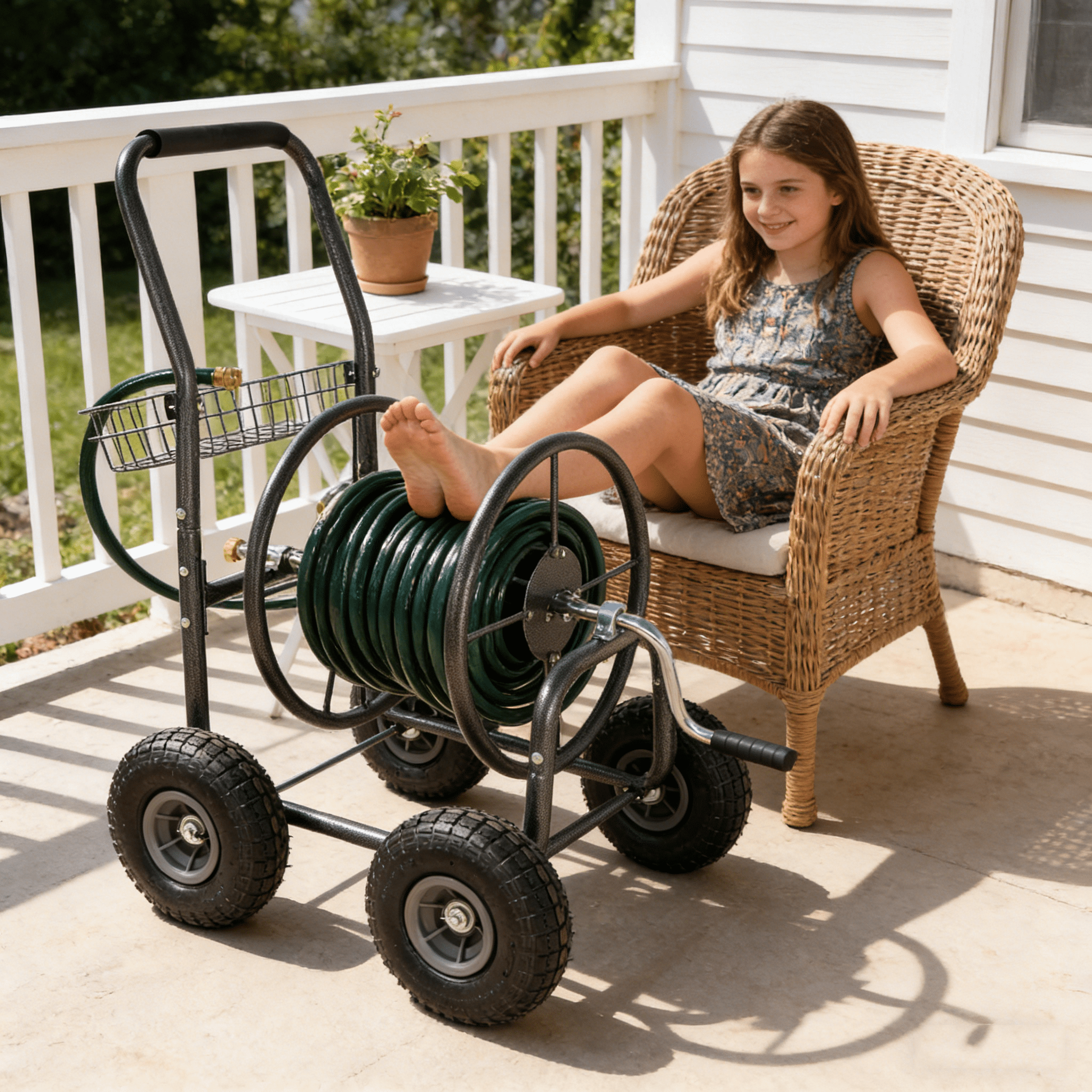 Garden Hose Reel Cart - 4 Wheels Portable Garden Hose Reel Cart with Storage Basket Rust Resistant Heavy Duty Water Hose Holder
