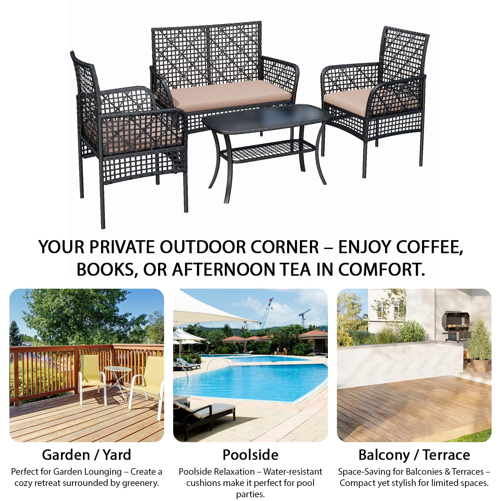 Tappio 4 Piece Outdoor Rattan Furniture Patio Conversation Set, Wicker Sofa Outdoor Patio Sets with Cushions and 2-Tier Table for Yard, Pool or Backyard, Beige