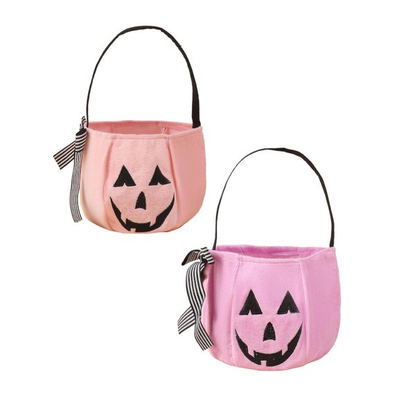 2Pcs Halloween Candy Bag with Stripe Bow, Festive Pumpkin Embroidery Bucket, Portable Trick or Treat Candy Holder with Handle, Reusable Candy Pail for Halloween Parties & Holiday Festivities