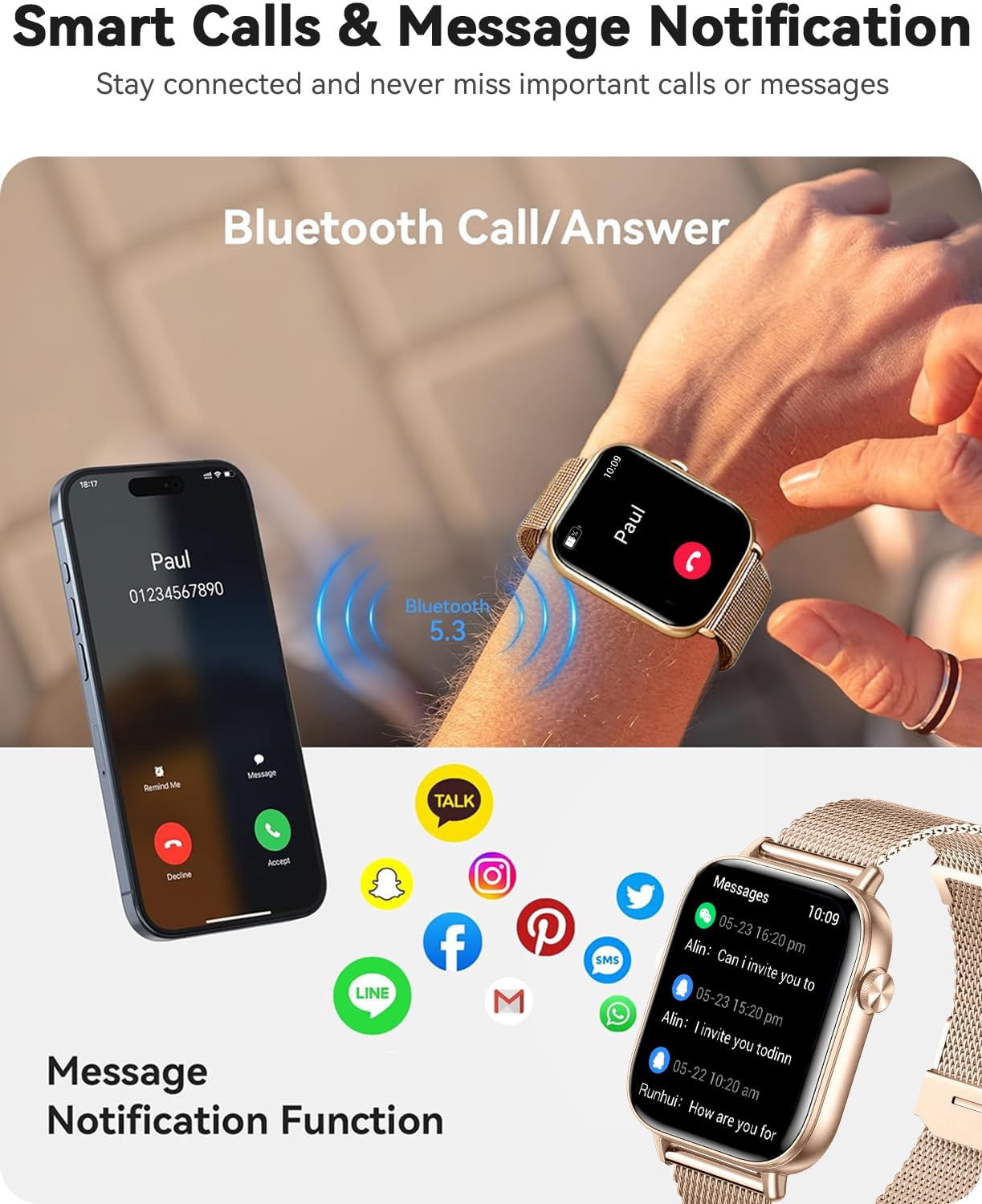 Smart Watches for Women,1.83" HD Fitness Tracker with 2 Bands,Answer/Make Calls Smart Watch,Sleep/Step Tracking,100+ Sport Modes,Smartwatch Android/iPhone Compatible Gift (Rose Gold)