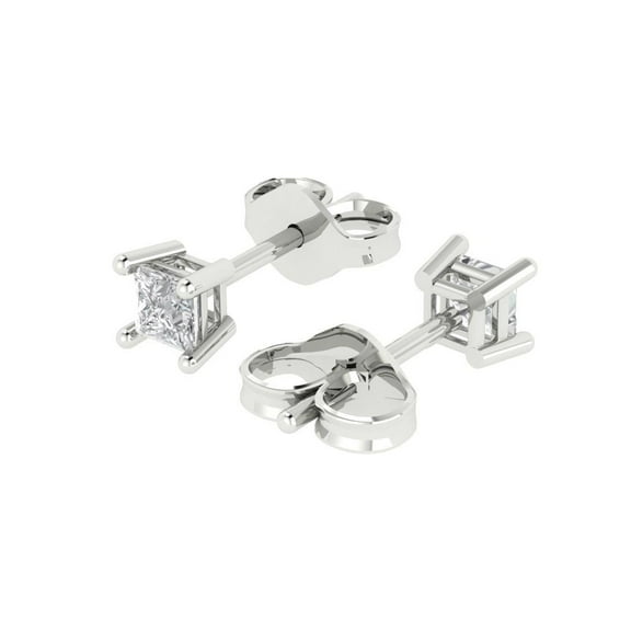 0.5 Ct Princess Cut Studs Clear Crystal 18K White Solid Gold Everyday Dainty Earrings Push Back
