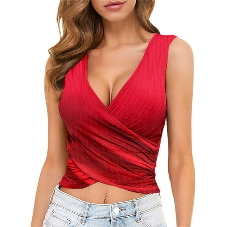 

nsendm 34b Shelf Bra Womens Temperament Cross Slim Pleated Solid Color Vest Short Top Workout Tops for Women Vest Red Large