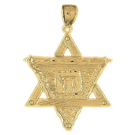 18K Yellow Gold Star of David with Chai Pendant - 41 mm