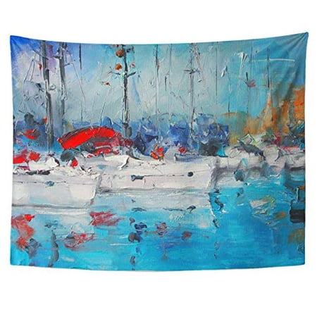 Colorful Sailboat Paintings REFRED Blue Beach Oil Painting Sailboats in Italy Colorful Marina Modern Nature Sea Water Wall Art Hanging Tapestry Home Decor for Living Room Bedroom Dorm 51x60 inch ()