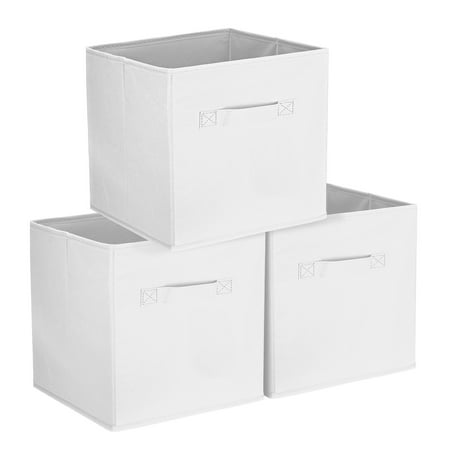 Uxcell 3Pcs Fabric Storage Bins 11 Inch Cube Storage Bin Foldable Storage Cube Organizer Bins with Handles for Shelf Closet Nursery Home Bedroom(White)