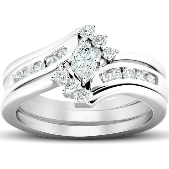 Pompeii 1/2 Ct Marquise Diamond Engagement Trio Wedding Ring Set 10k White Gold