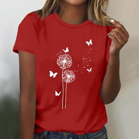 QUNYINEY Casual Women Shirts Short Sleeve Dandelion Crew Neck Pullover Tops Loose Womens Summer Tops