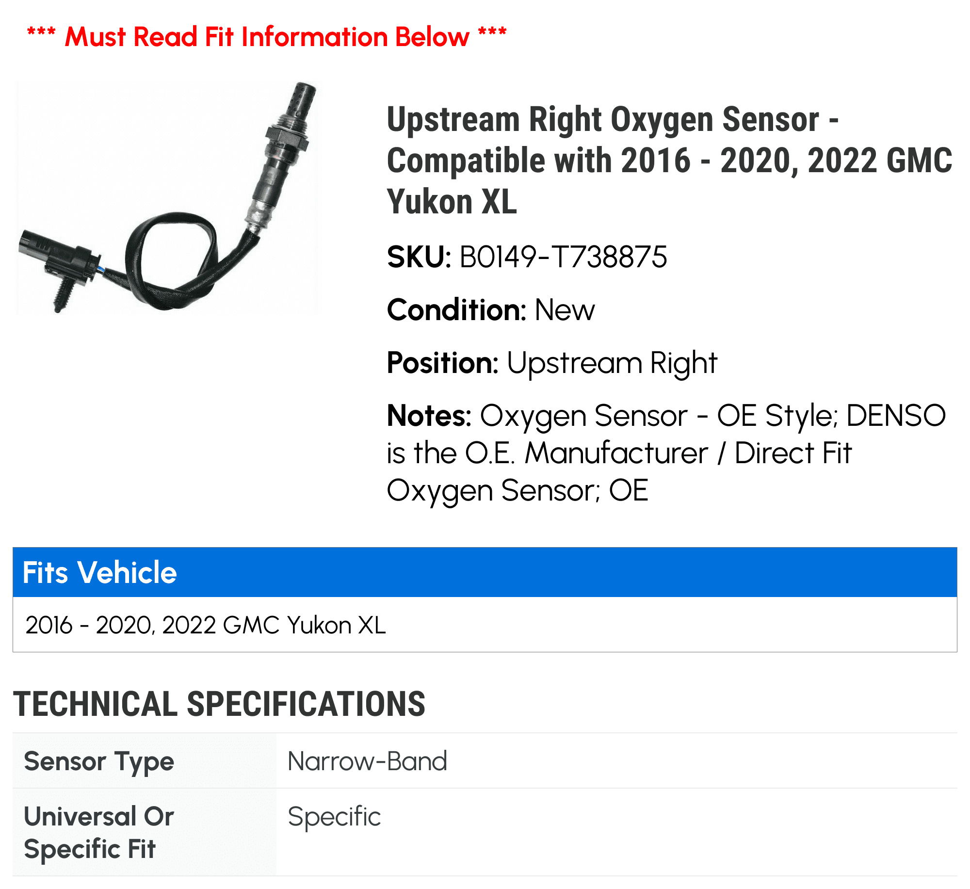Upstream Right Oxygen Sensor - Compatible with 2016 - 2020, 2022 GMC Yukon XL 2017 2018 2019