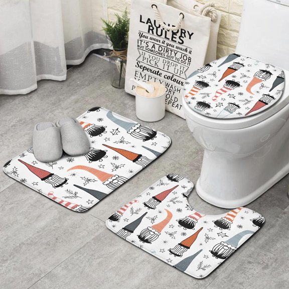 White Christmas Gnome and Snowflake Pattern Bathroom Rugs Sets 3 Piece,Toilet Cover Set,Absorbent Non Slip Bathroom Mats Sets with U-Shaped Contour Rug Toilet Rug Set