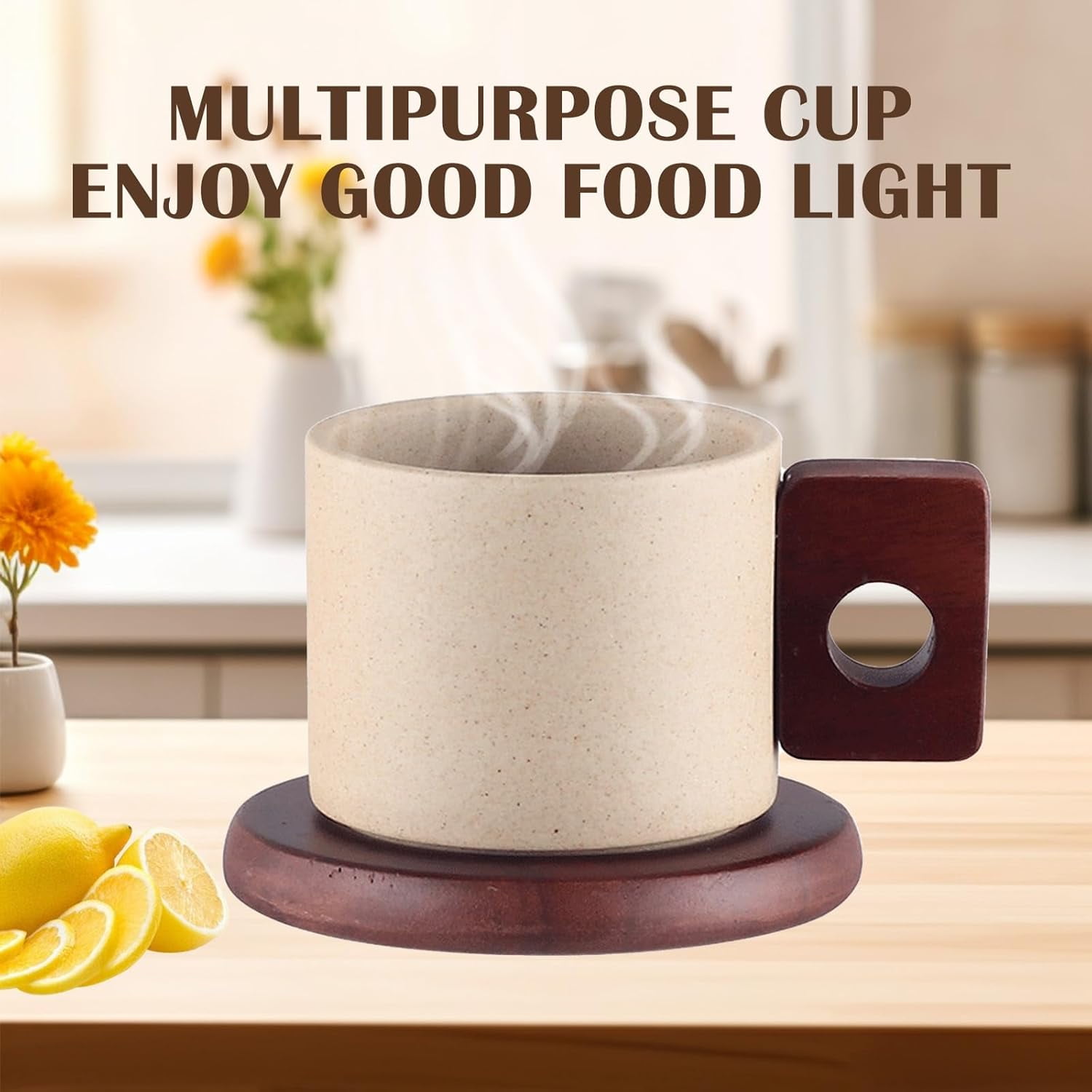 ABPETE Japanese-Style Ceramic Mug Set,8oz Unglazed Porcelain Cup with Acacia Wood Saucer & Handle for Espresso, Latte & Tea​
