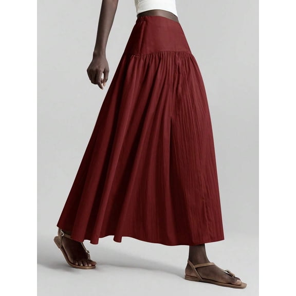 Burgundy Pleated Flowing Maxi Skirt Women Casual Elegant Vacation Style