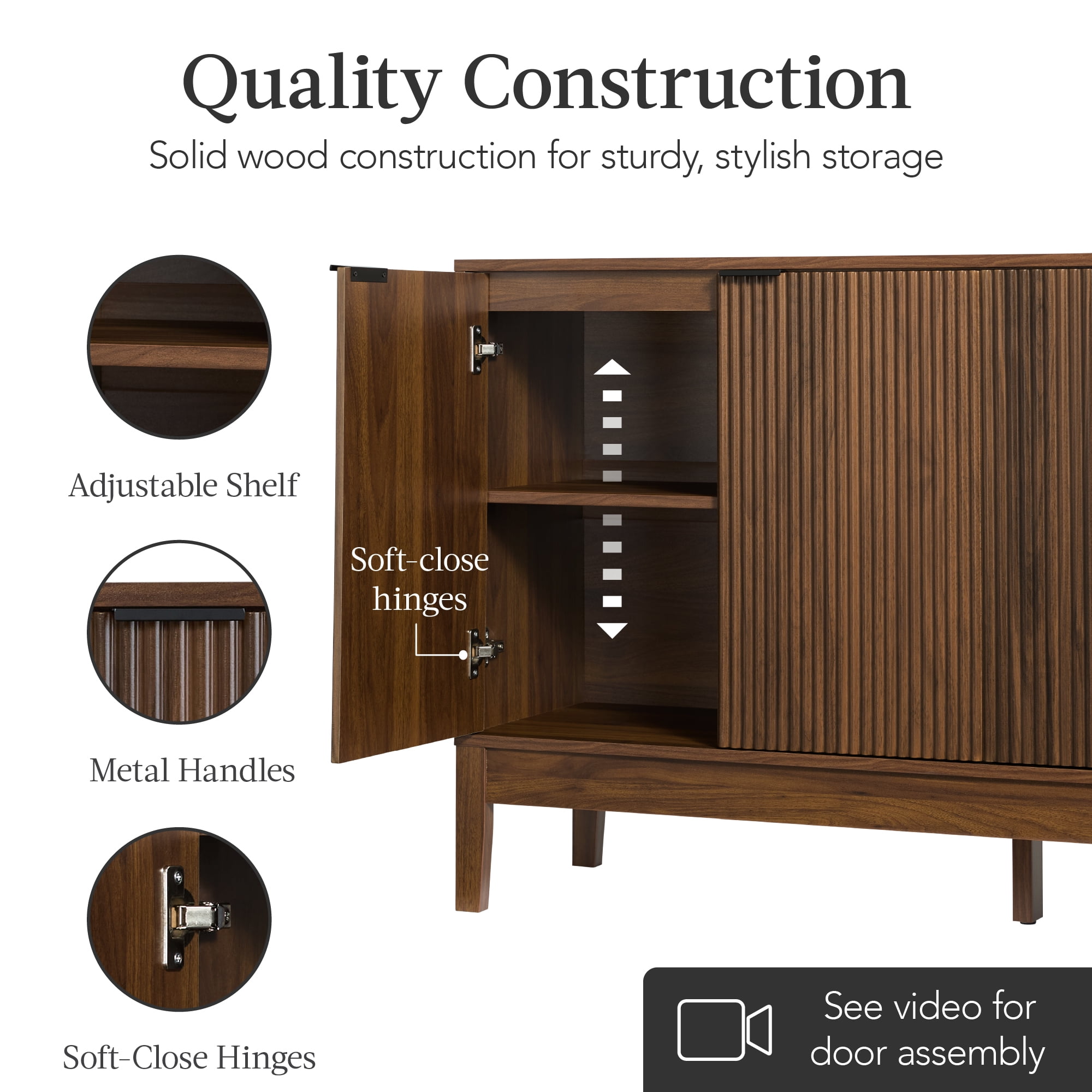 Best Choice Products 4-Door Reeded Storage Cabinet w/ Soft-Close Doors, Multipurpose Accent Furniture - Walnut
