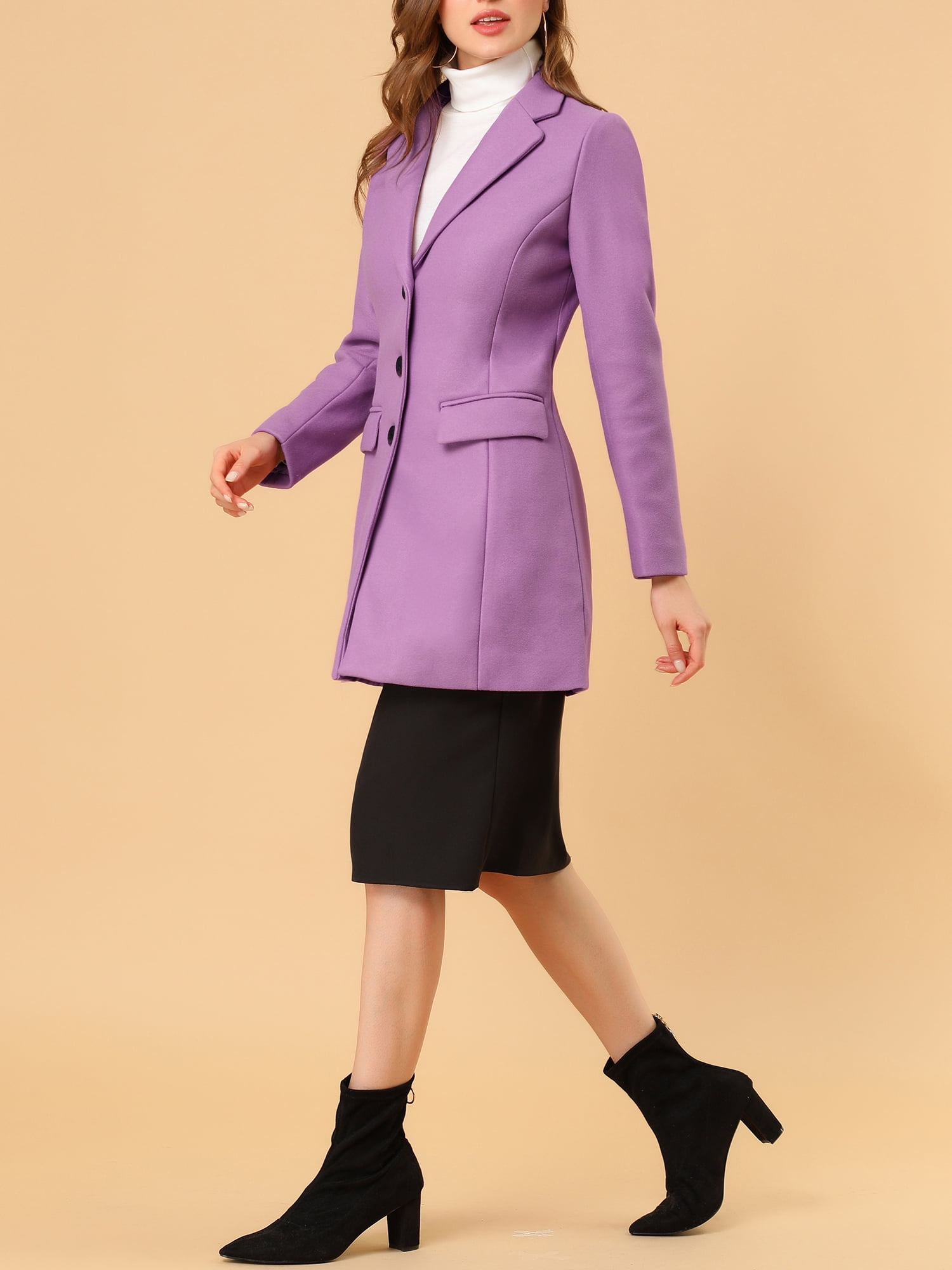 Women's Coat Solid Color Notched Lapel Single Breasted Winter Peacoat L Light Purple - image 5