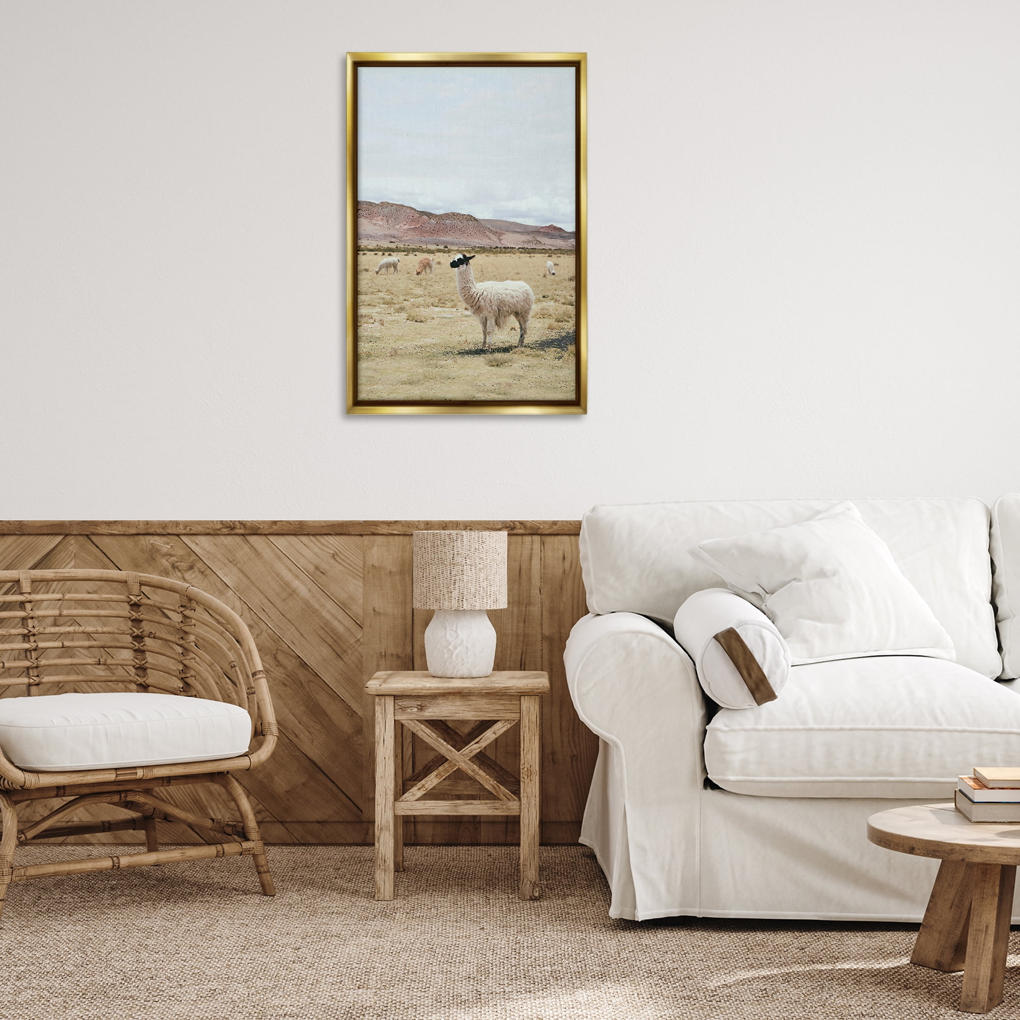 Stupell Industries Wild Alpacas in Desert Animals Photography Gold Floater Framed Canvas Art Print Wall Art, 21 x 31