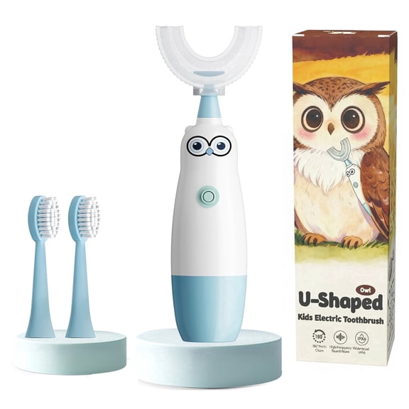 Toddler Electric Toothbrush , 360-Degree Sonic Vibration for Kids, IPX7 Waterproof, Baby U Shaped Toothbrush with 2 Soft Brush Heads, Cute Owl Design, Ages 2-7 (Blue)