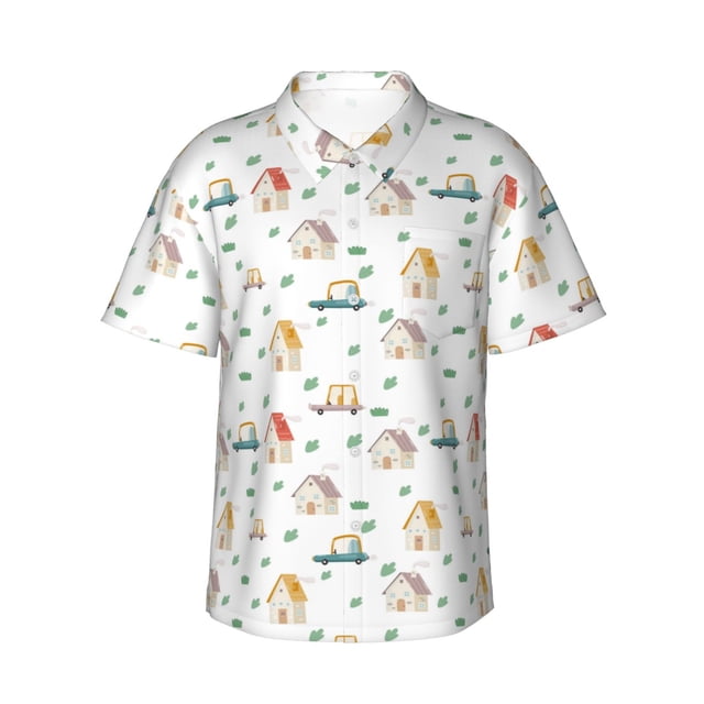 Balery Cartoon House Camisas hawaianas de manga corta para hombre, camisas playeras de corte holgado, camisas de vacaciones con botones,Small