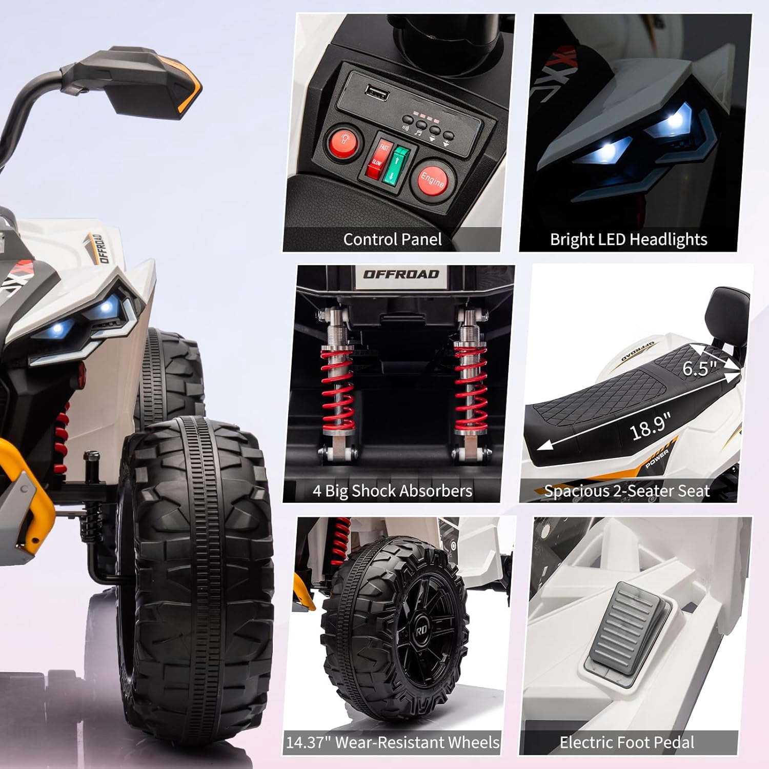 24V Ride-On 2-Seater Electric ATV for Kids – Four-Wheel Off-Road Vehicle with 3-Speed Control, Hydraulic Suspension, Disc Brakes, LED Lights, MP3 Player & Multi-Axis Steering, White