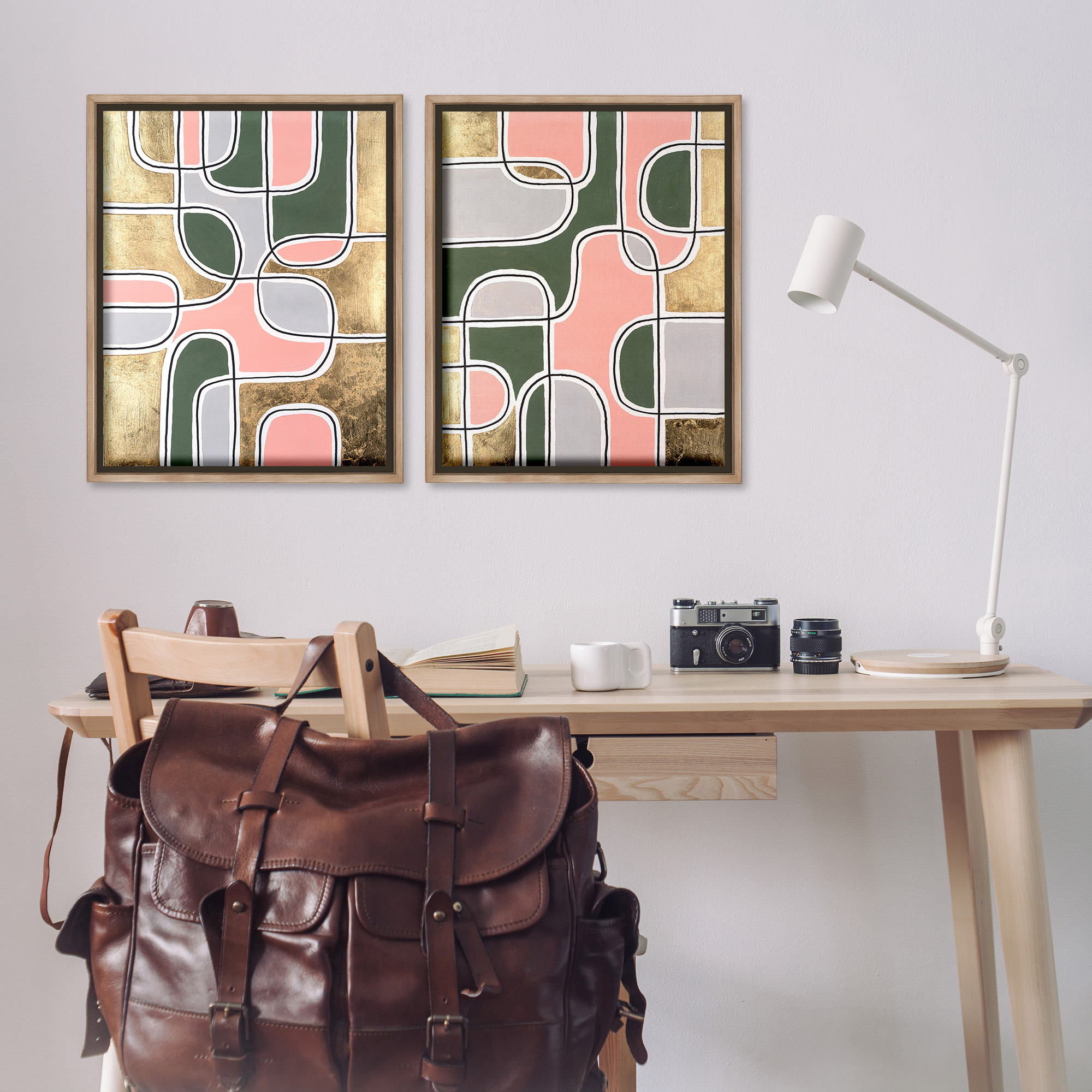 Stupell Industries Overlapping Shapes on Glam Abstract Painting Brown Floater Framed Canvas Art Print Wall Art, 25 x 31, Set of 2