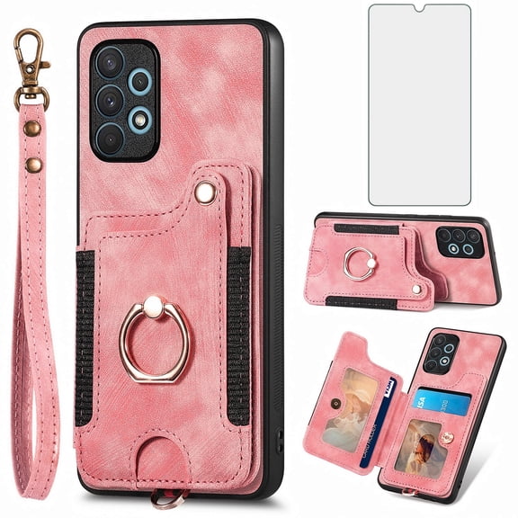 Phone Case for Samsung Galaxy A32 5G 2021 6.5 inch Wallet Cell Cover with Tempered Glass Screen Protector Slim Lanyard Wrist Strap RFID Ring Stand Credit Card Holder Slot M32 G5 A 32 32A S32 Pink