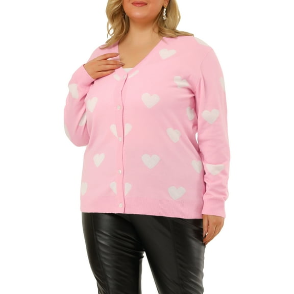 Agnes Orinda Women's Plus Size Sweaters Cardigans Cute Heart Print Long Sleeve Fall Winter Knit Cardigan 2X Pink