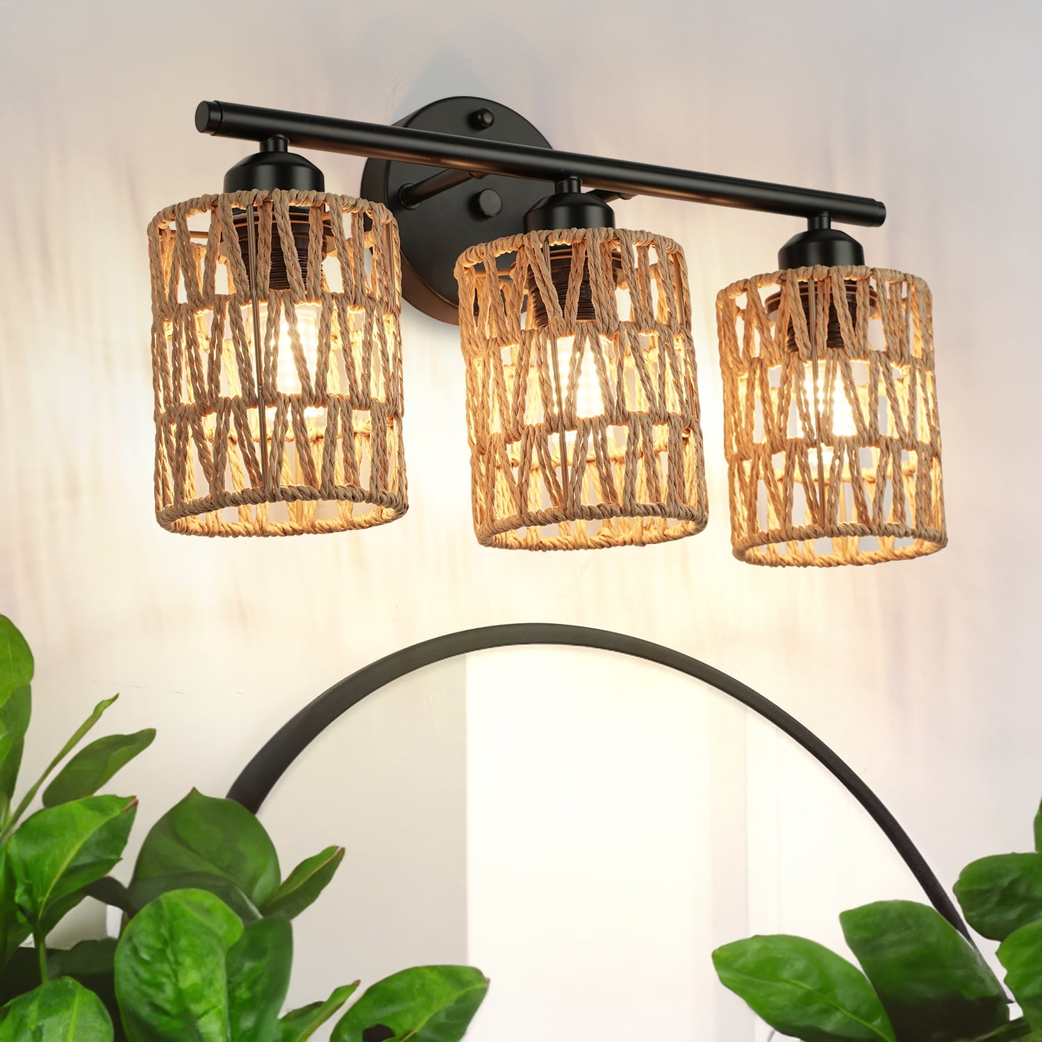 FRIDEKO HOME 3-Light Bathroom Light Fixtures Vanity Lights Over Mirror, 17" Boho Wall Sconces with Woven Lampshade, Farmhouse Black Wall Lamp for Farmhouse Living Room Bedroom (Without Bulb)