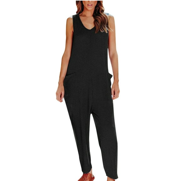 up to 60% off Gifts Usmixi Rompers for Women Loose Soft Knitted Ribbed Long Jumpsuits Casual Summer V-Neck Sleeveless Formal Solid Maxi Womens Jumpsuits on Clearance