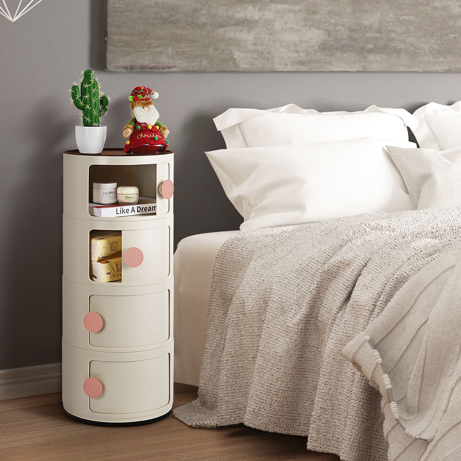 4 Drawer Sliding Barrel Modern Bedroom Nightstand, Beige