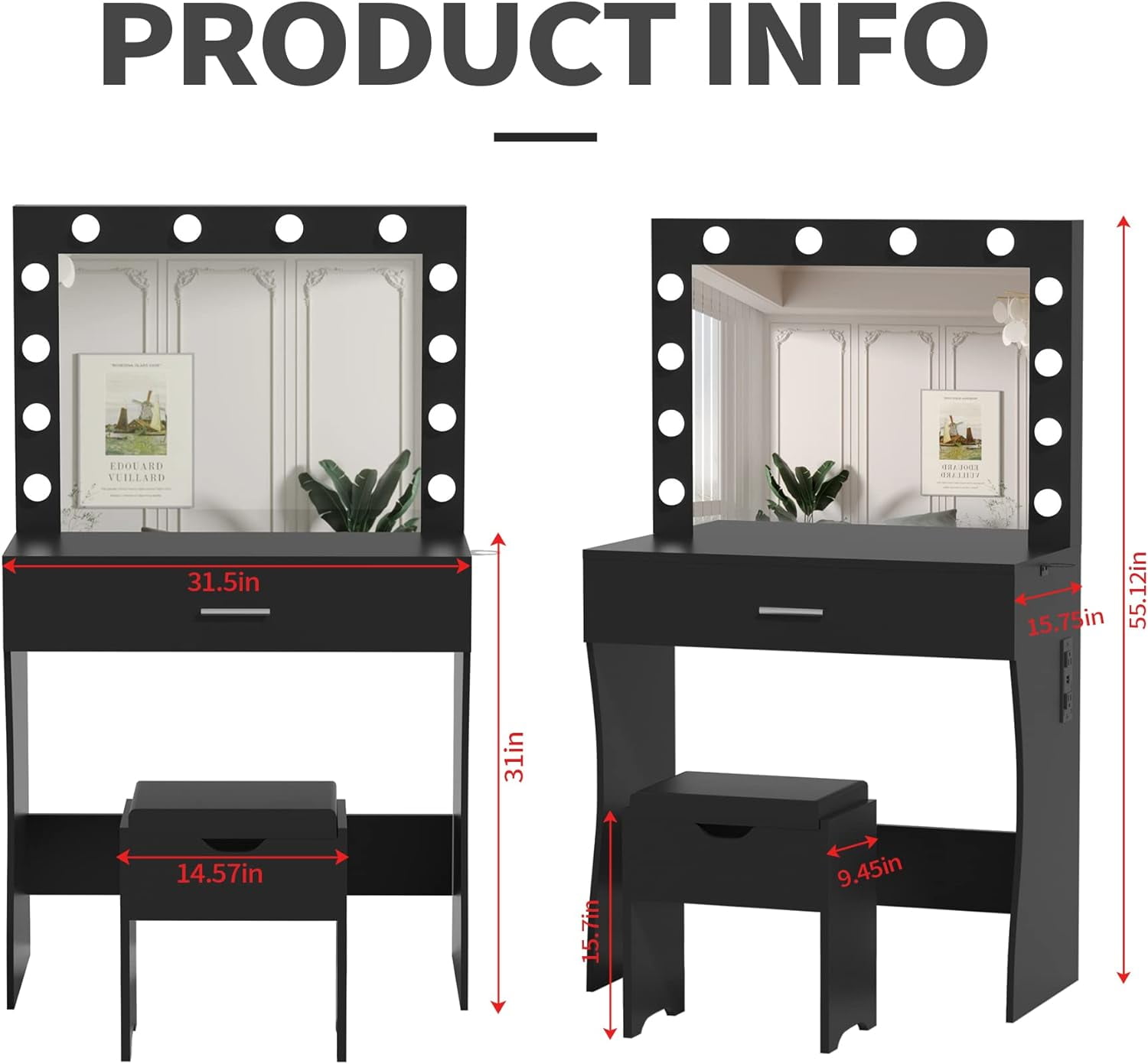 VEANERWOOD Vanity Set with 3 Color Lighted Mirror Makeup Table 55" with Charging Station Large Drawer, Black