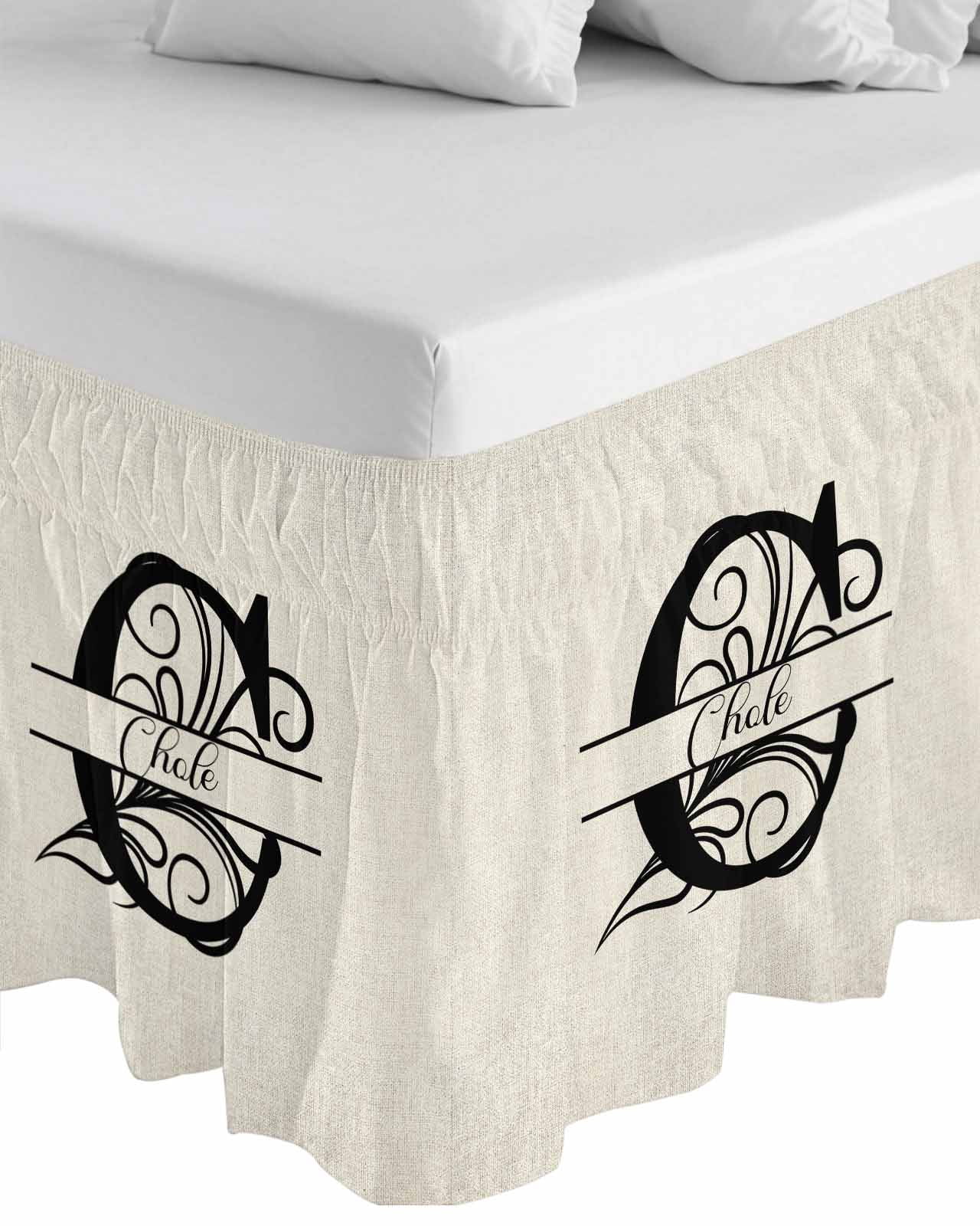Letter C Bed Skirt Queen Size, Monogram Words Wrap Around Bed Skirting with Adjustable Elastic Strap, Dust Ruffle Pleated Bedskirts 16 Inch Drop for Bedroom Queen Beds