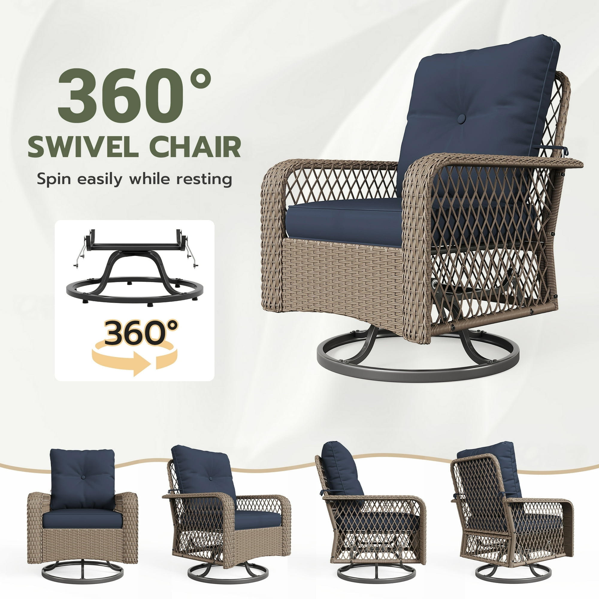 POTEBAN 3 Pieces Patio Furniture Set, Outdoor Swivel Gliders Rocker, Glass Top Side Table (Navy Blue)