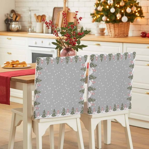 Christmas Chair Covers Set of 1 Winter Snowman Xmas Pine Tree Snowflakes Grey Chair Back Covers Stretch Removable Washable Slipcovers Protector for Dining Room Kitchen Party Decor