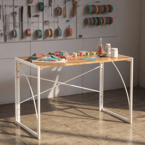 Homy Casa Folding Sewing & Utility Table, 39.4" Portable Work Desk with White Metal Frame, Rustic Brown