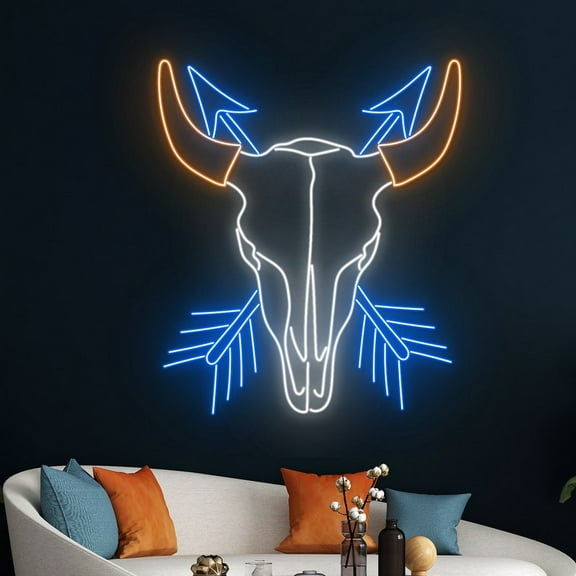 Handmadetneonsign Cow Head Arrow Neon Sign, Cow Skull Wall Art Decor, Longhorn Bull Wall Decor