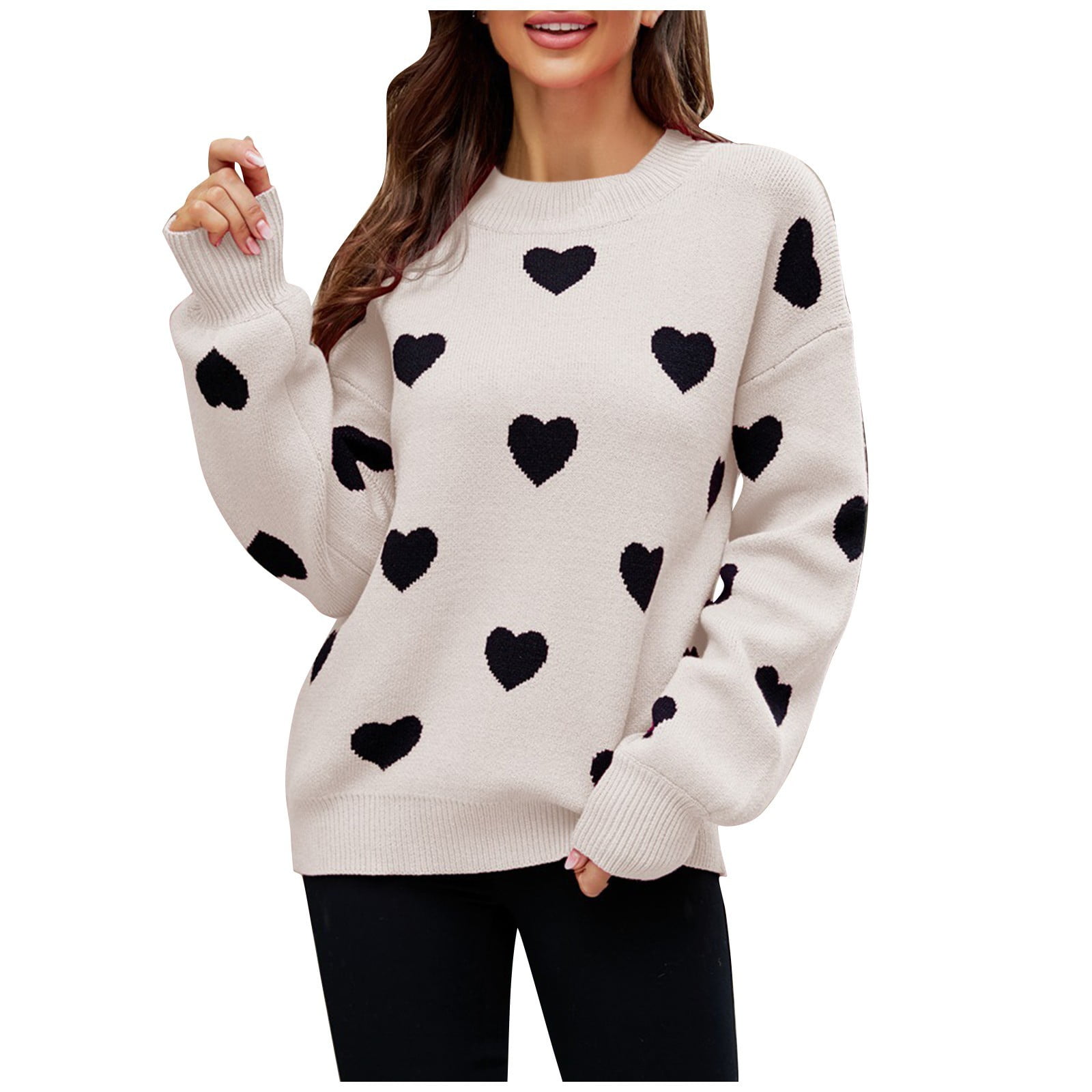 Women's Fashionable Round Neck Long Sleeved Color Blocked Love Casual Pullover Sweater Top for Halloween Fall Winter Spooky Season,Beige,S